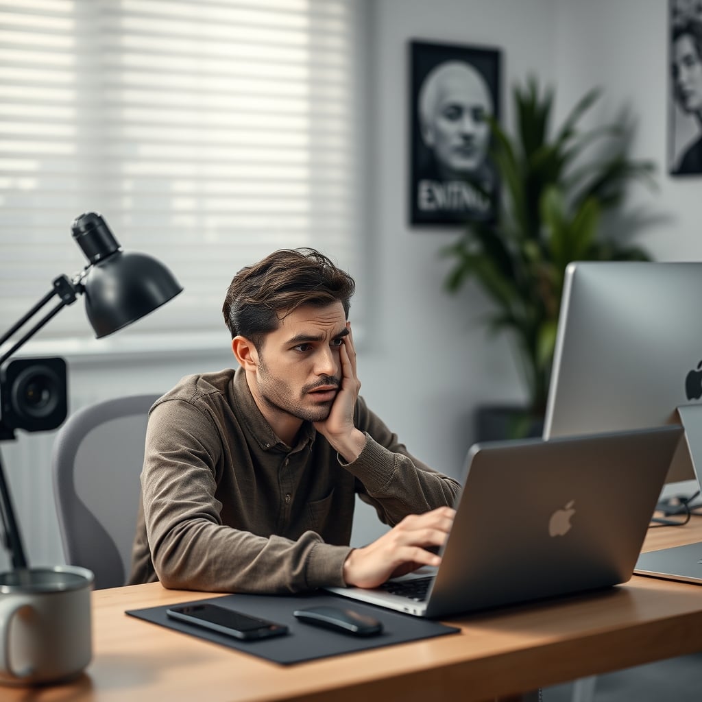 A person looking frustrated during a video call, their face is dark, grainy, and pixelated due to poor webcam quality and bad lighting.