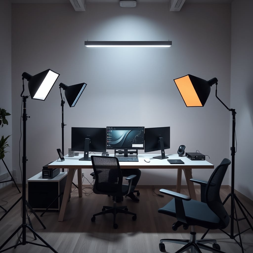 A well-lit desk setup featuring a person clearly visible with soft, diffused key and fill lights, showing a professional and natural look.
