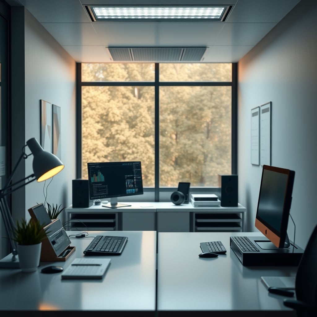 A split image showing a cold, empty minimalist desk next to a warm, intentionally organized workspace with books and tools.
