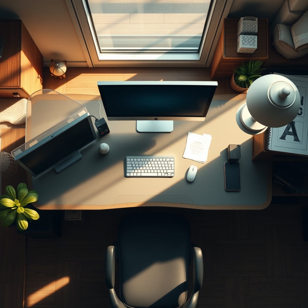 An overhead shot of a desk clearly divided into a focus zone, reference zone, and utility zone with appropriate items in each.