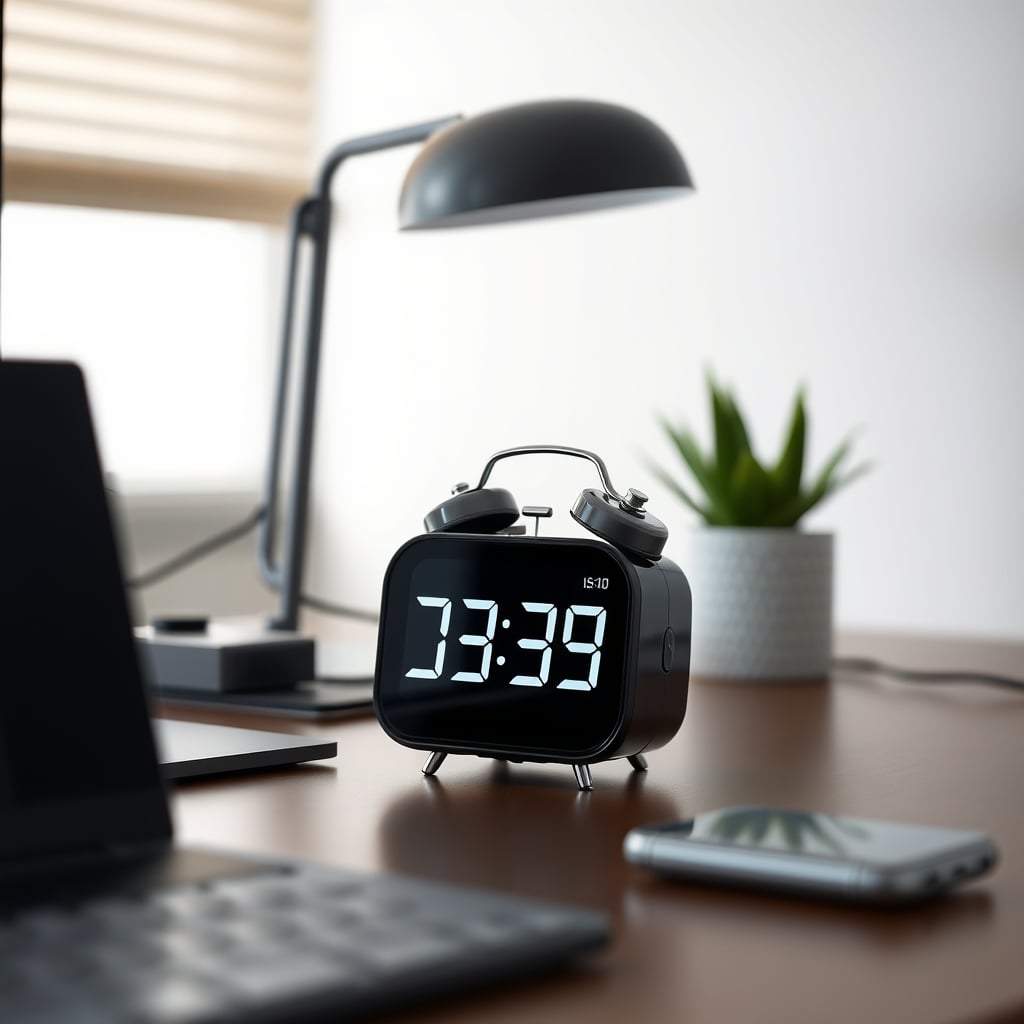 A basic Sharp digital clock showing red numbers on a wood desk.