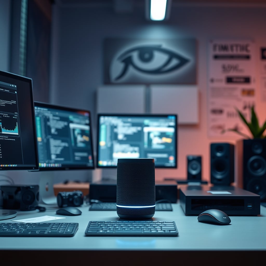 A sleek smart clock sits on a desk, but the angle and lighting make it feel like a watching eye.
