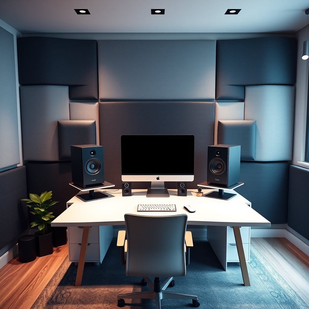 A clean, professional studio using thick, plain acoustic treatment that looks intentional.
