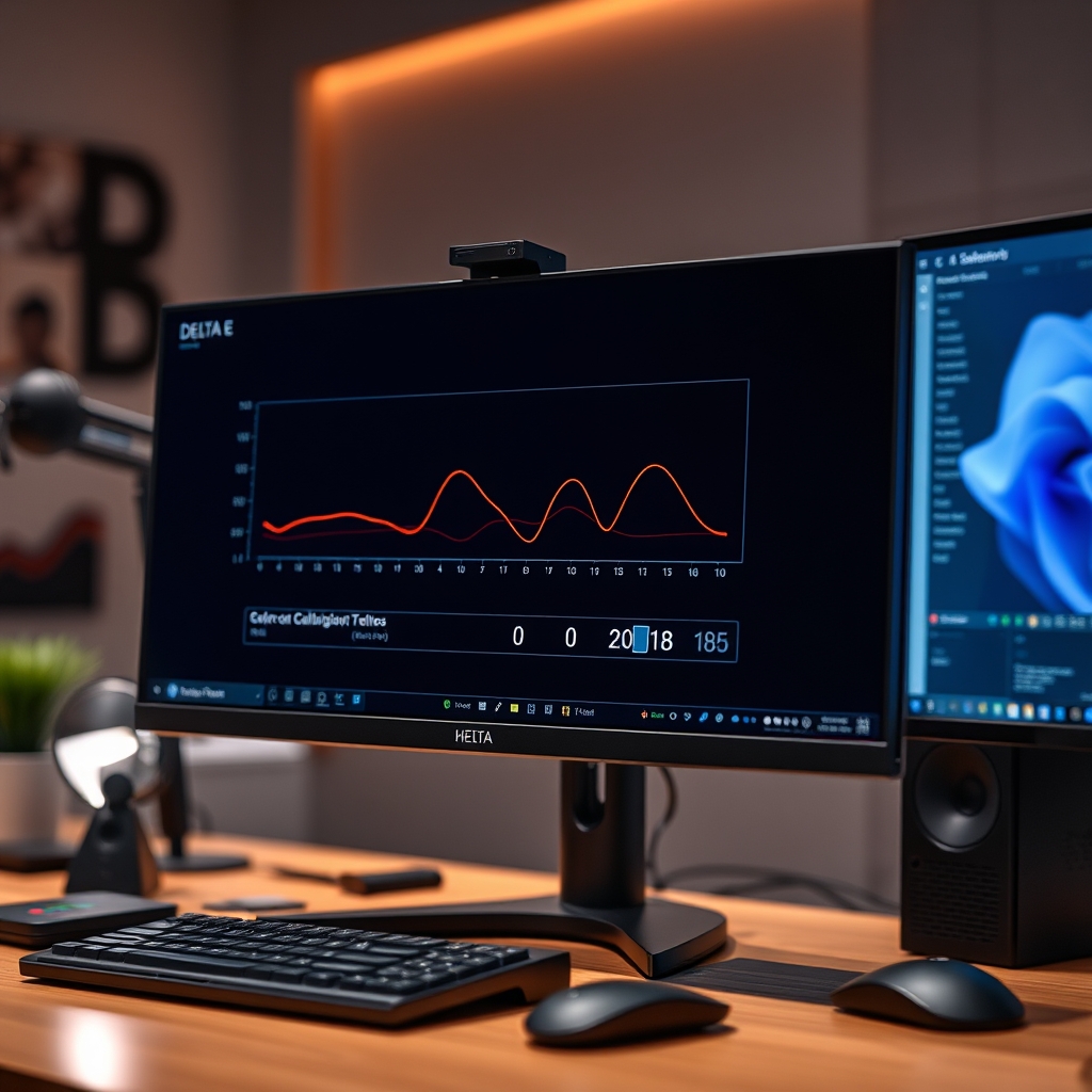 A close-up of a color-calibrated professional monitor displaying a color grading interface, with an external calibration device.
