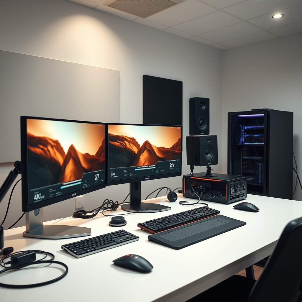 An elite editing workstation setup with multiple 4K monitors, a powerful PC, and studio audio equipment, designed for peak performance.