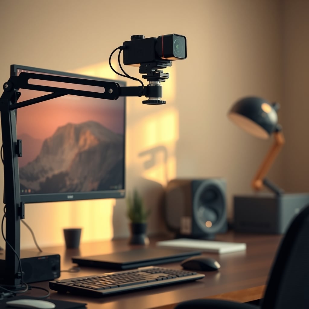Webcam mounted at eye level on a monitor arm above a clean YouTube desk setup