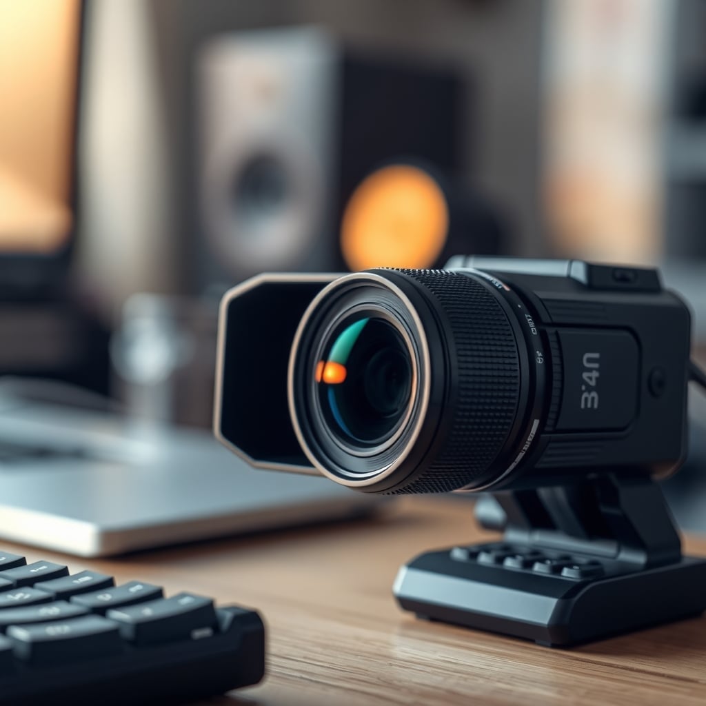 Close-up of a small camera sensor and lens assembly next to a webcam on a desk