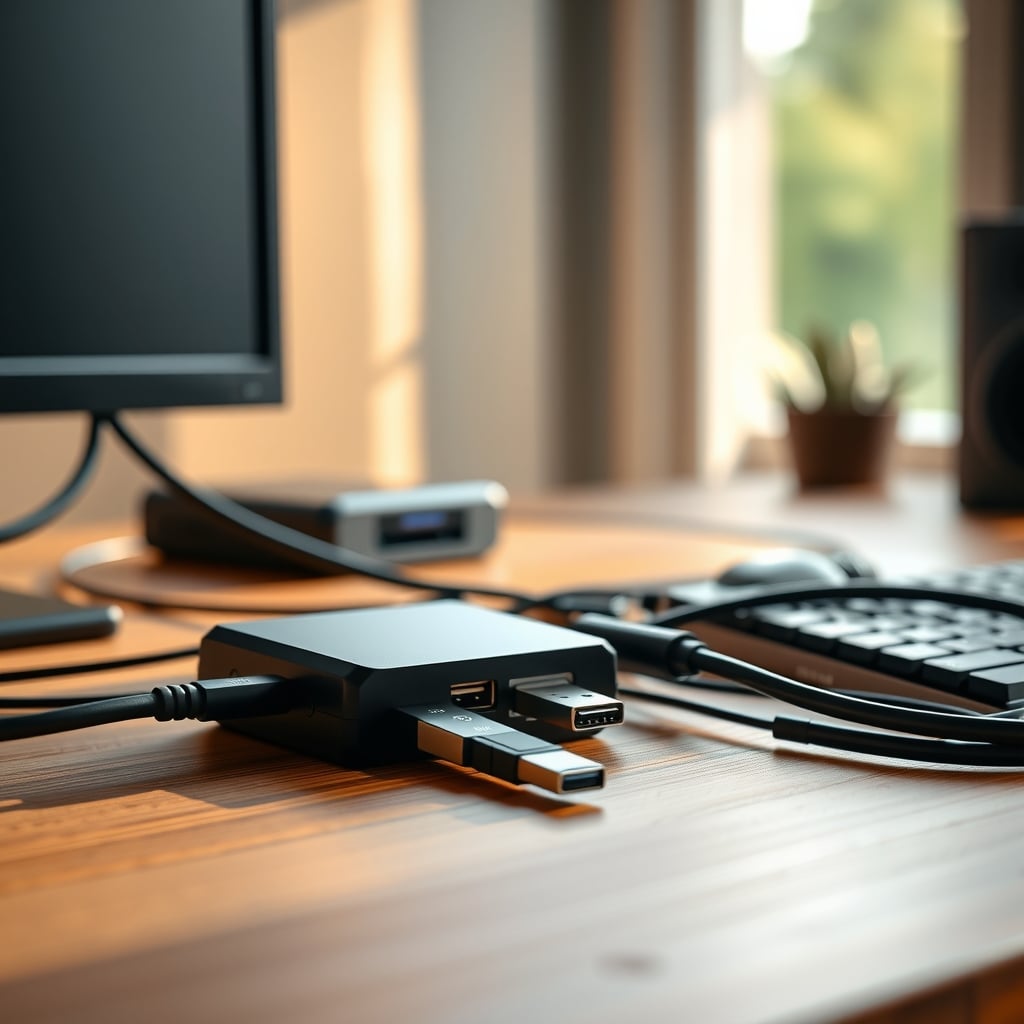 USB cables and a powered hub routed under a desk with a camera cable running to a laptop