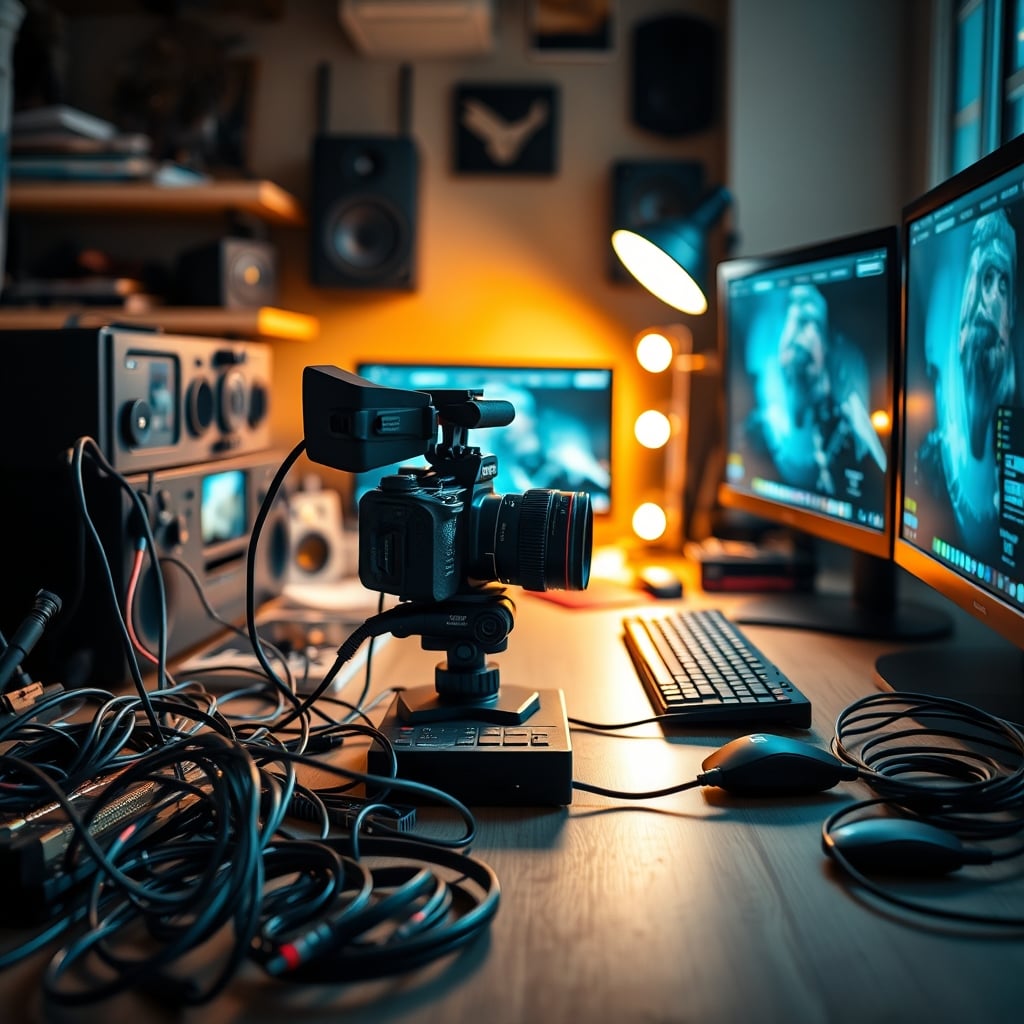 A messy, complicated desk setup with a DSLR camera, tripod, capture card, and tangled wires representing an overkill streaming rig.