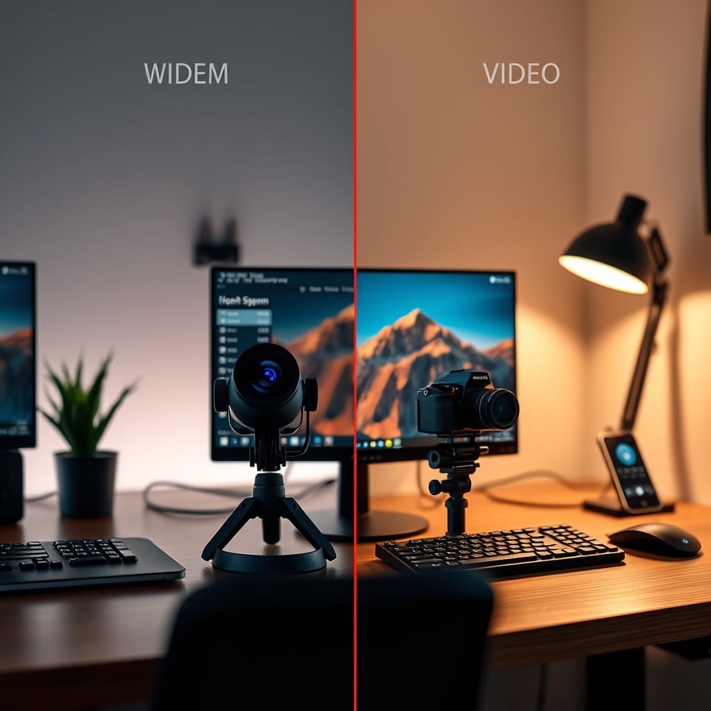 A split-screen comparison showing nearly identical video quality from a modern 4K webcam and an expensive mirrorless camera at typical streaming bitrate.