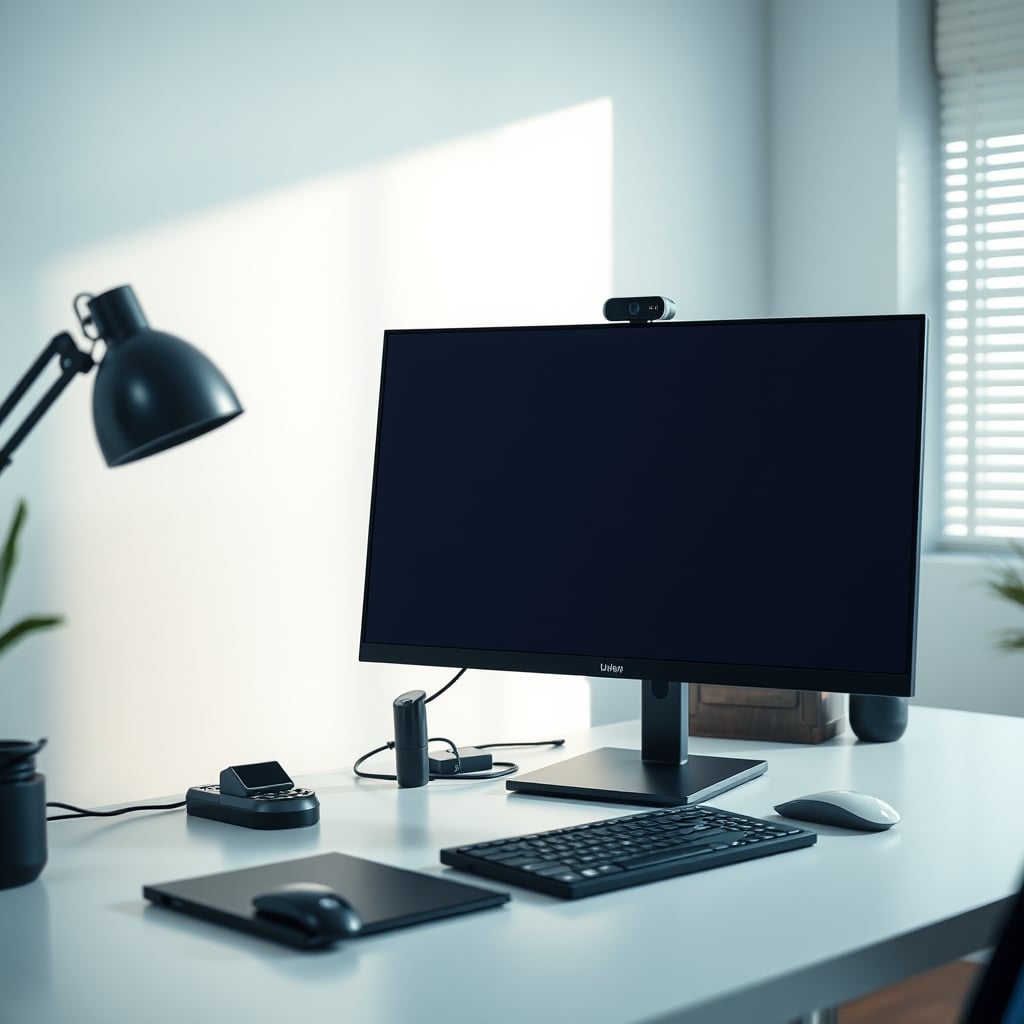 A clean, minimal desk with a laptop, monitor, and a single sleek webcam mounted on top.