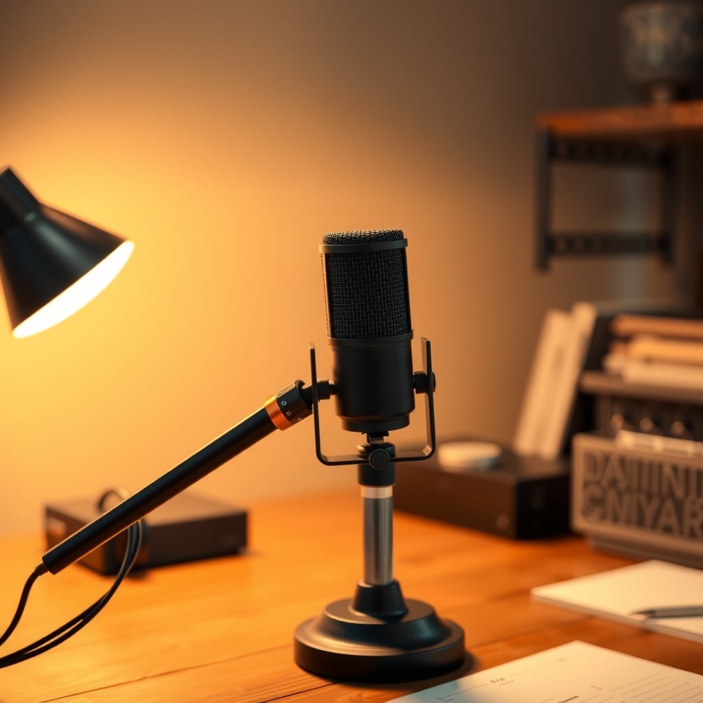 Dynamic microphone mounted on a boom arm positioned close to the speaker's mouth