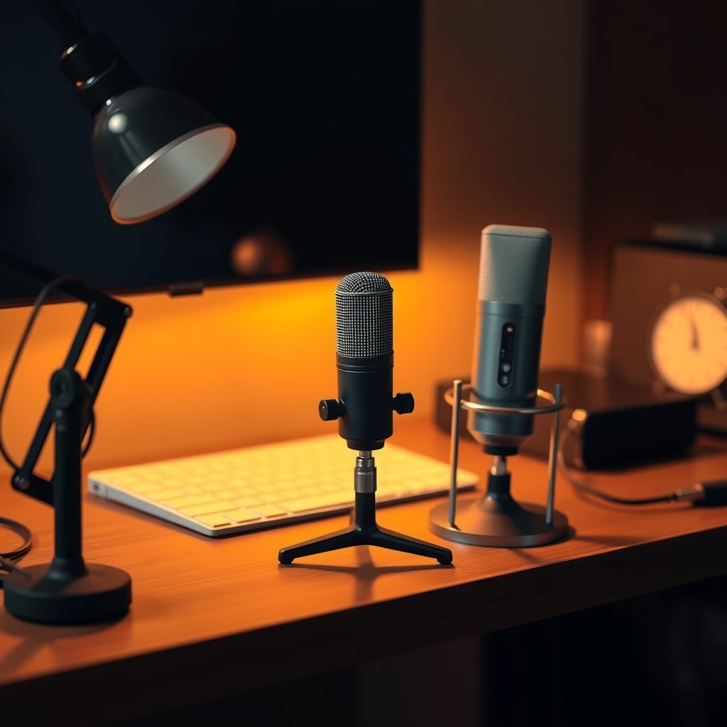 Dynamic microphone next to a condenser microphone on a wooden desk