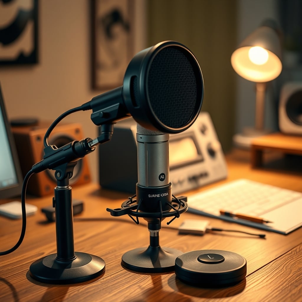Large diaphragm condenser microphone with pop filter and shock mount above a desk