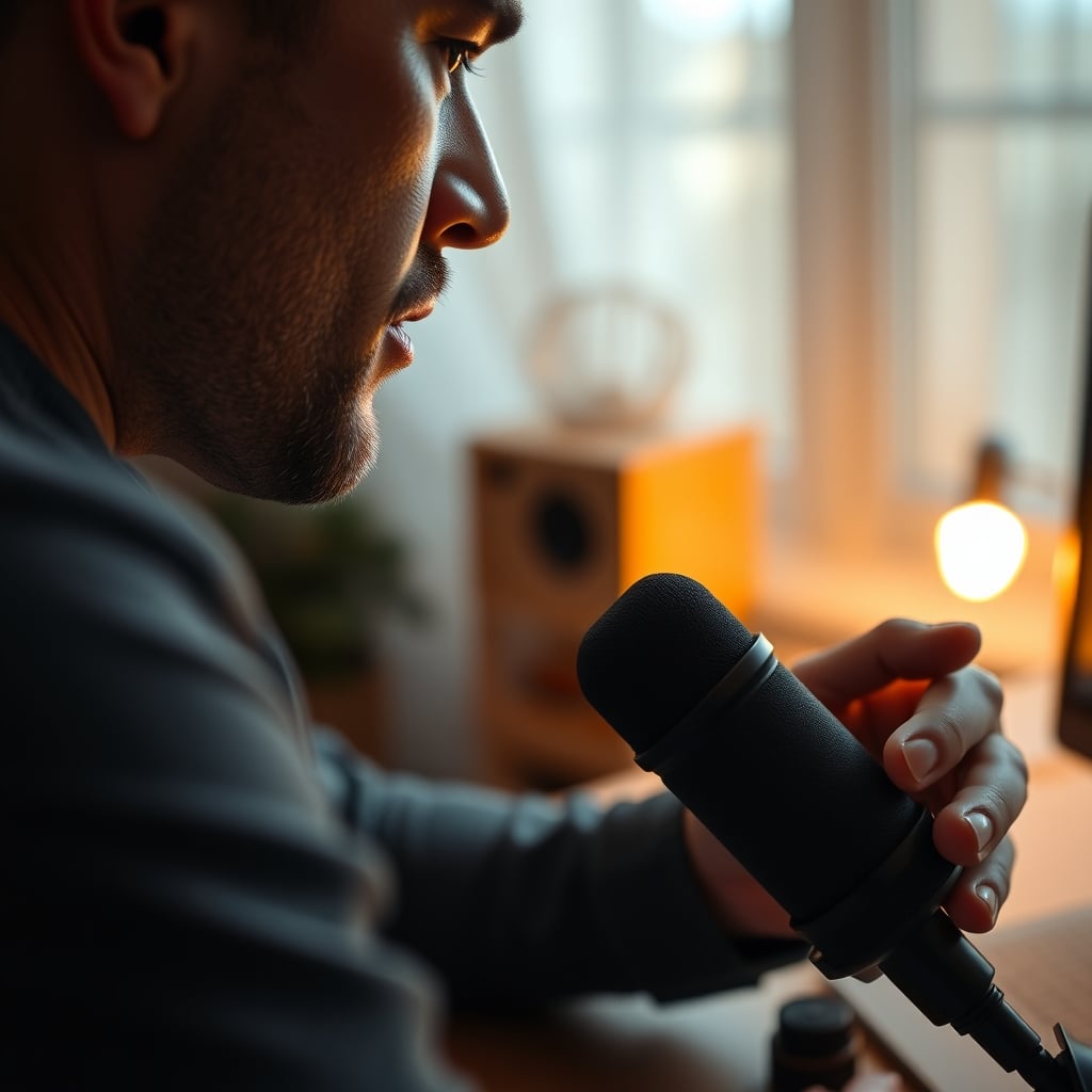 A person speaking closely into a front-address dynamic microphone in a comfortable, lived-in home office.