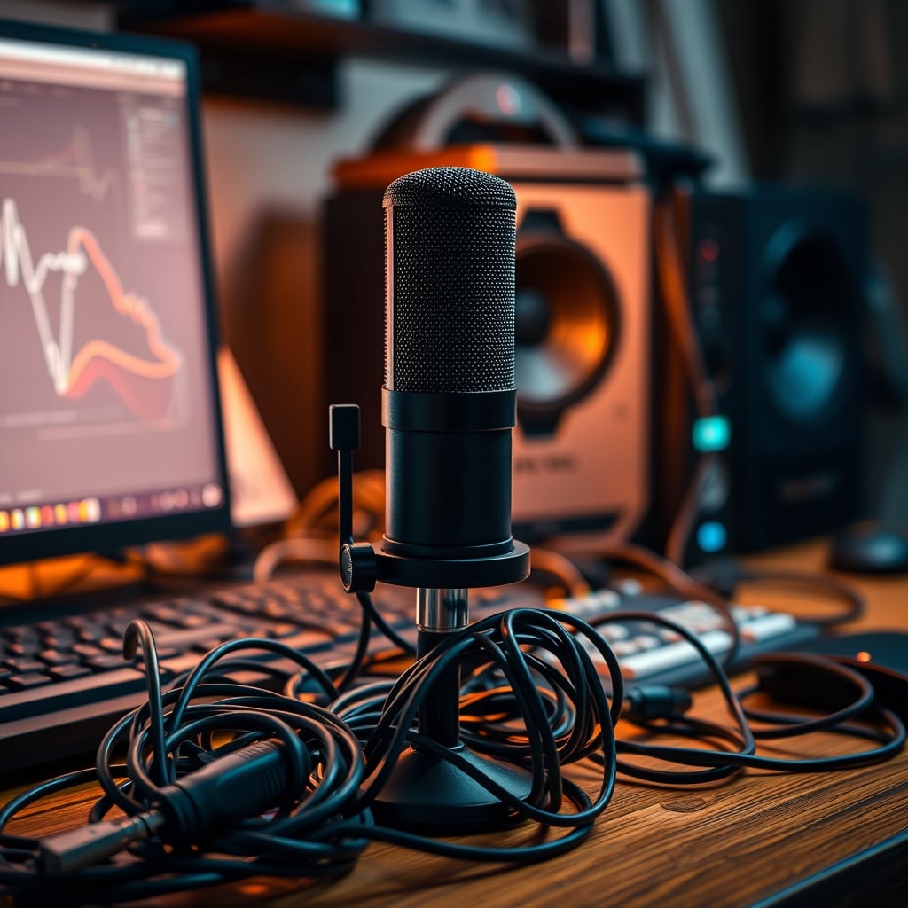 A messy desk setup with a cheap plastic gaming microphone and a tangled nest of USB and power cables.