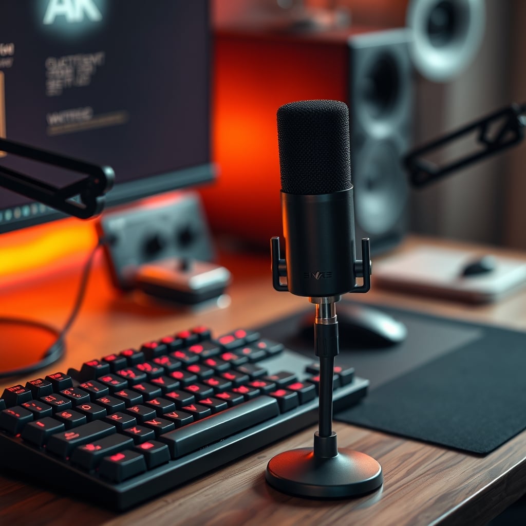 A classic Shure SM58 dynamic microphone mounted on a black boom arm over a clean desk with a mechanical keyboard.