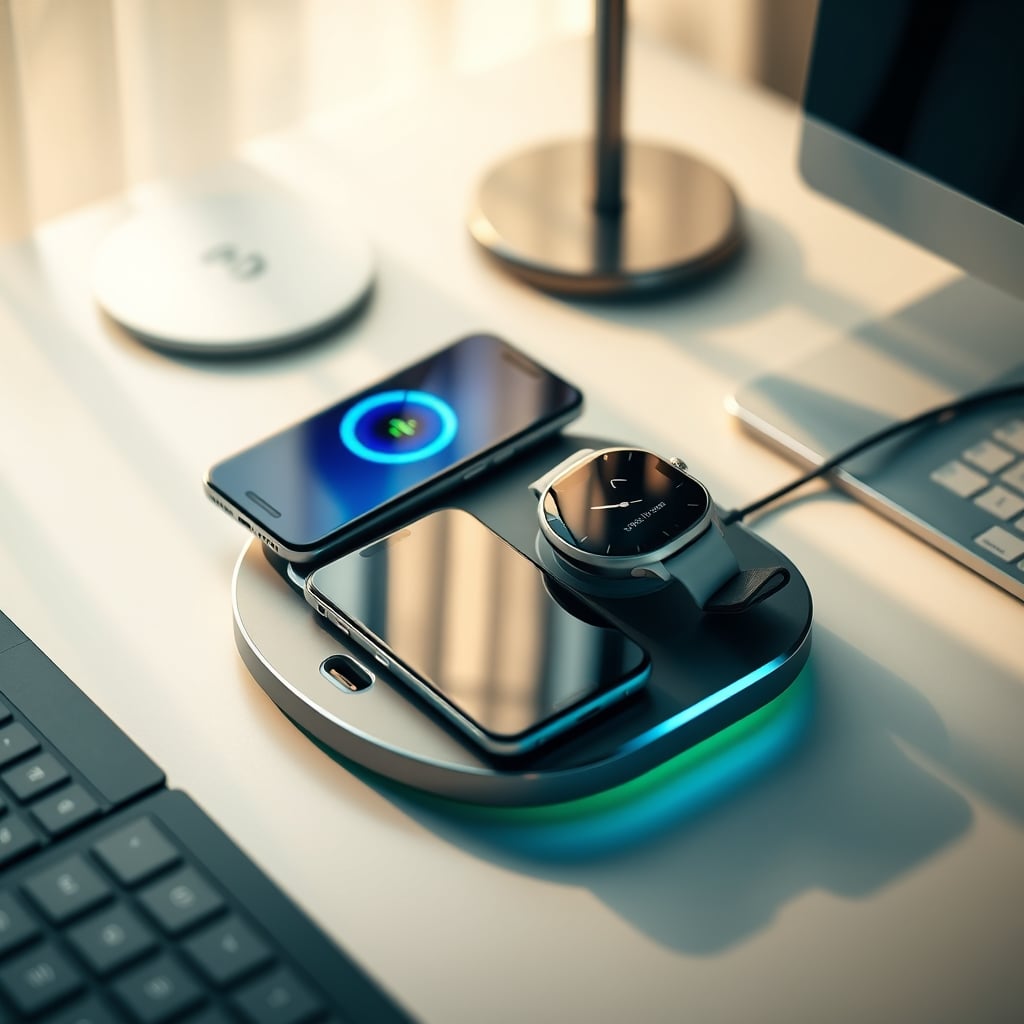 A crowded wireless charging pad with a hot smartphone and smartwatch on it.