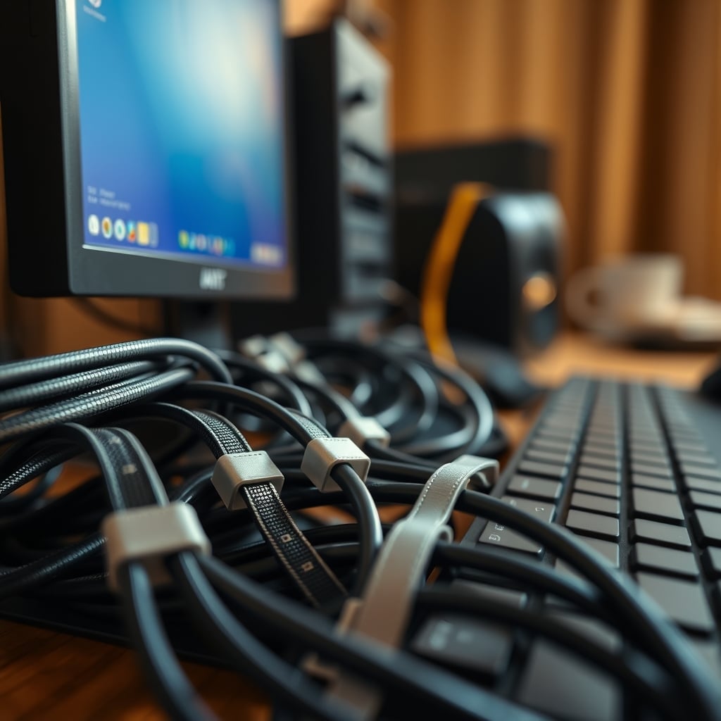Neatly bundled computer cables secured with velcro straps under a wooden desk.