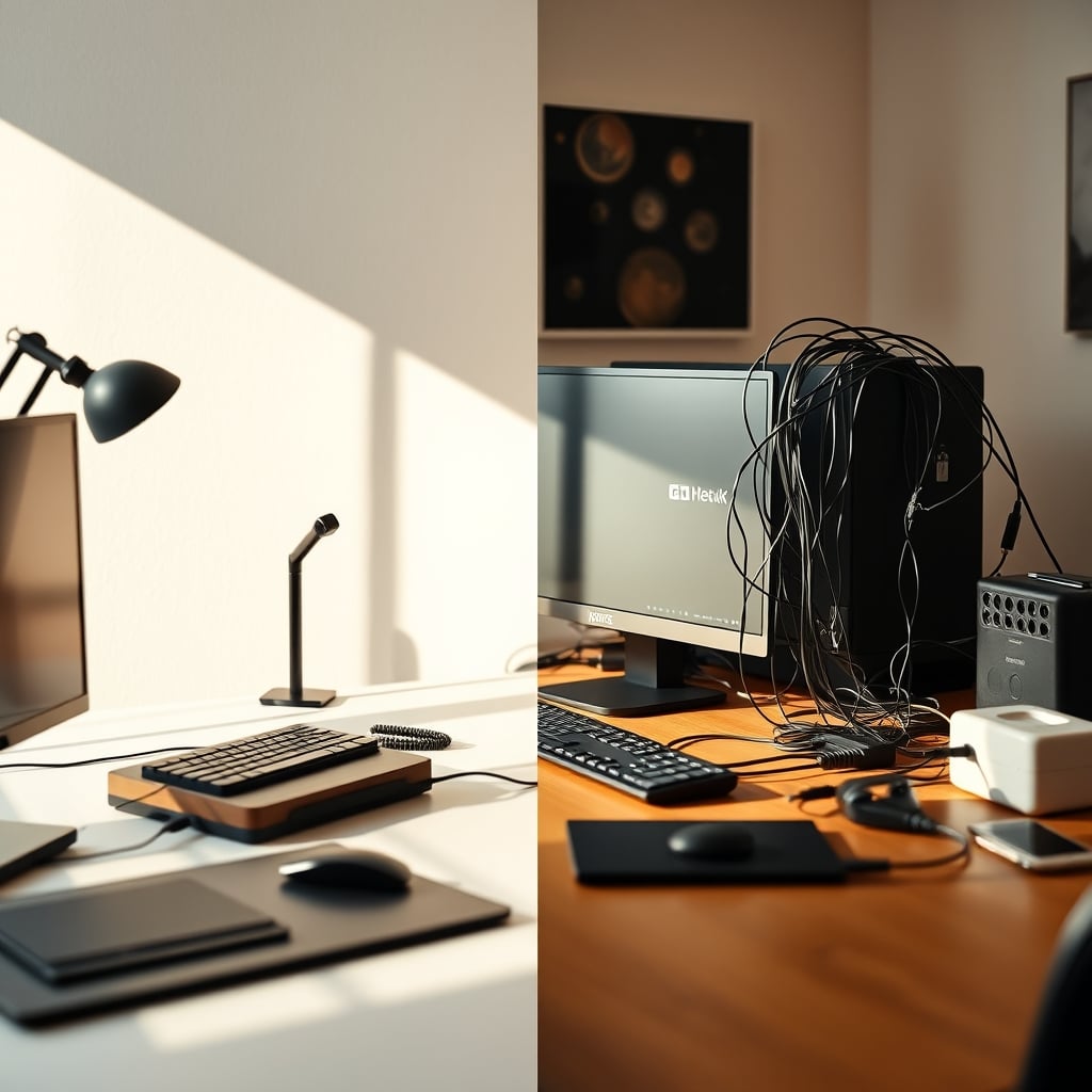 Split desk image showing a clean, empty wireless setup versus a busy, cable-managed wired workstation.
