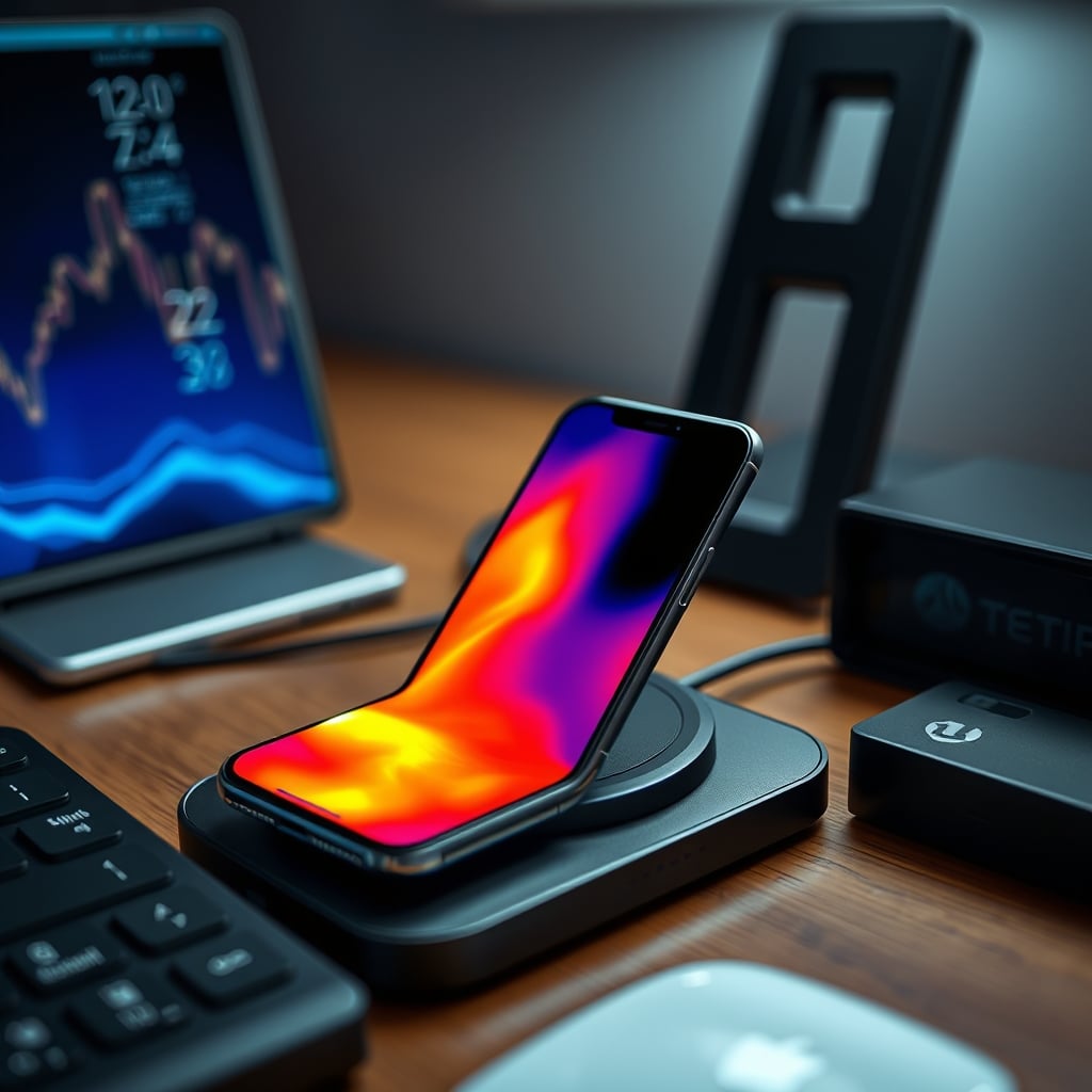 Thermal imaging camera view of a phone on a wireless pad, highlighting heat buildup.