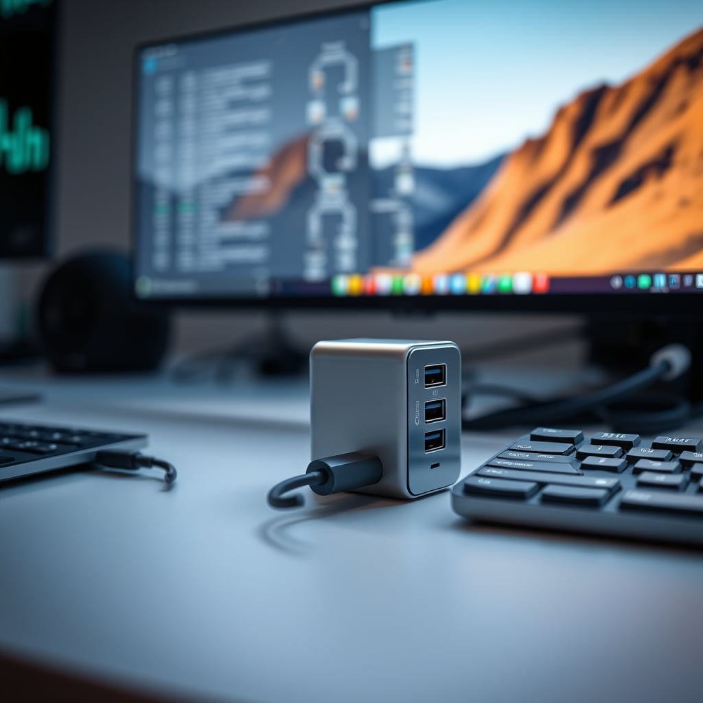 A desk with a compact USB-C charging station and managed, short cables connecting to devices.