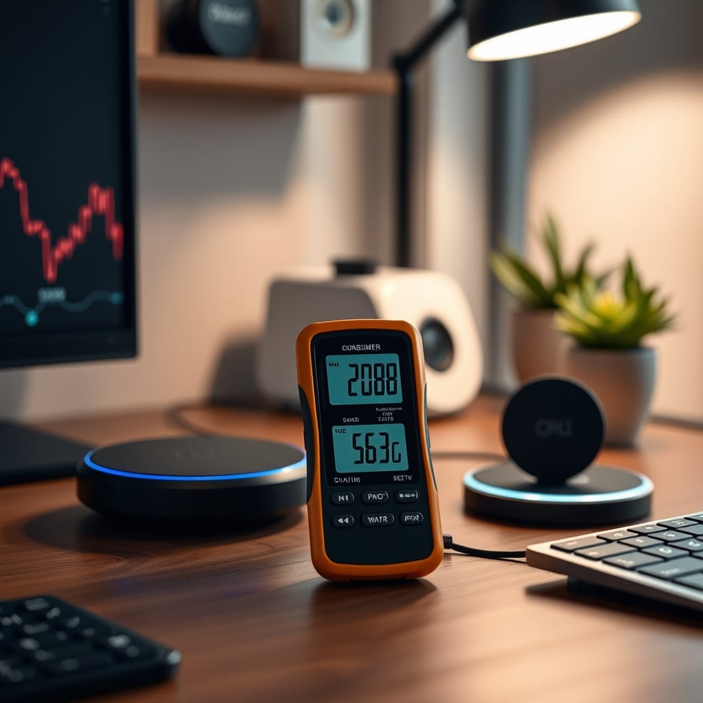 An EMF meter placed beside a wireless charging hub, showing low readings.