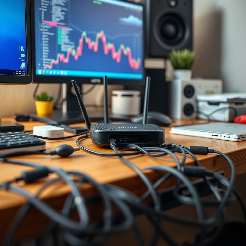 A minimalist desk undermined by a wireless hub and the single tangled cable powering it.