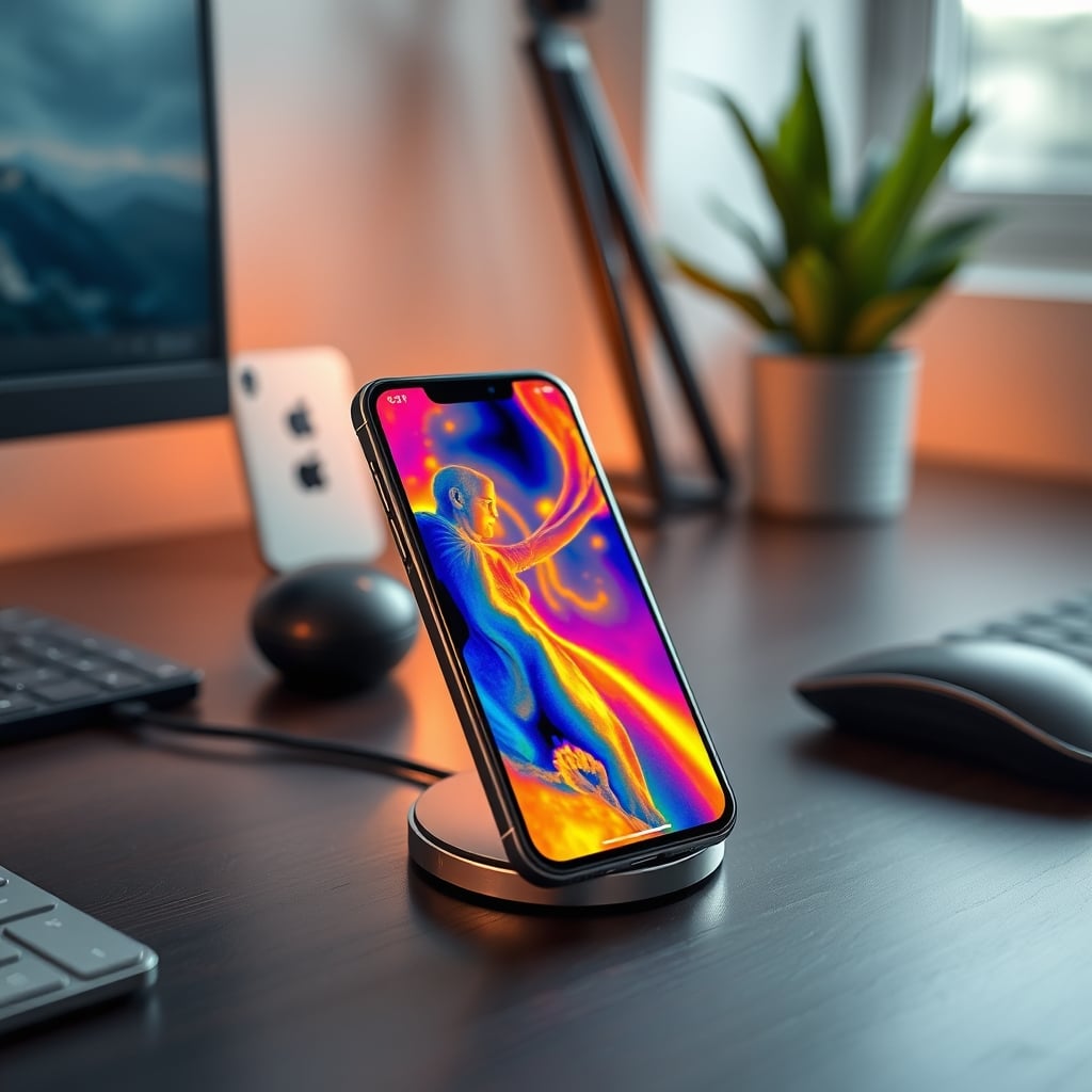 Thermal camera image showing a smartphone extremely hot on a wireless charging pad.