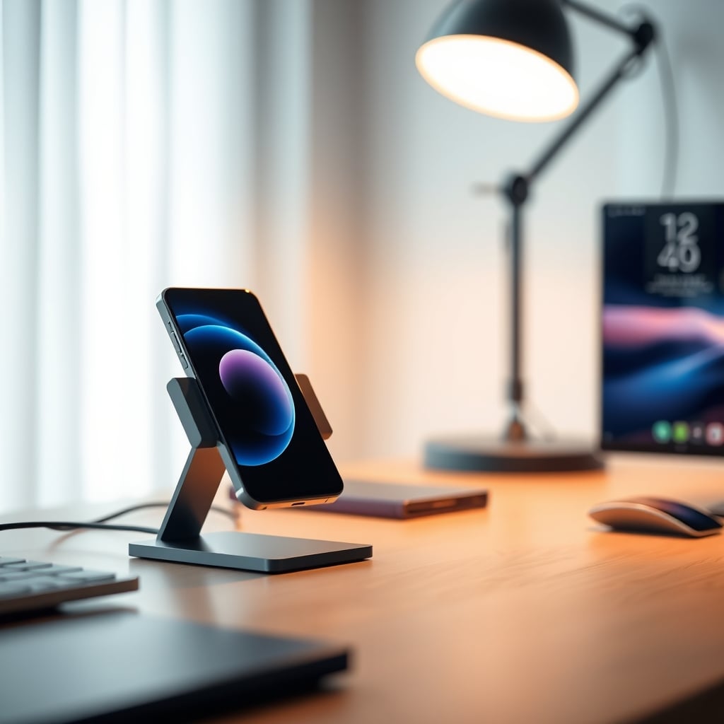 A phone on a angled wireless charging stand, allowing air flow behind it.