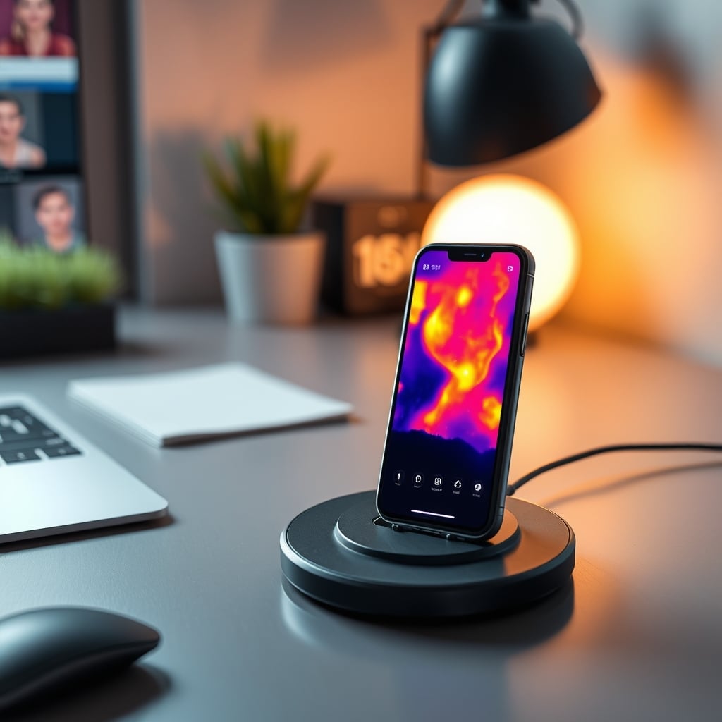 Thermal camera image showing a smartphone on a wireless charger with intense heat (yellow/red) concentrated on the battery area.