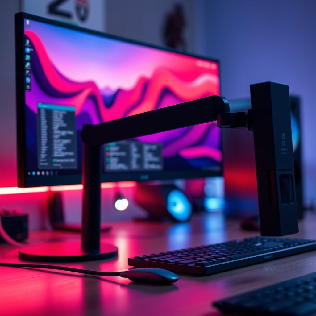 A minimalist desk with a single USB-C cable neatly routed along a monitor arm to a phone dock.