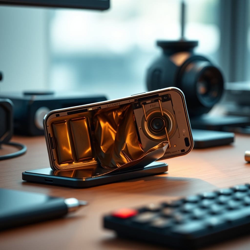 A disassembled smartphone showing a swollen, damaged lithium-ion battery pushing against the case.