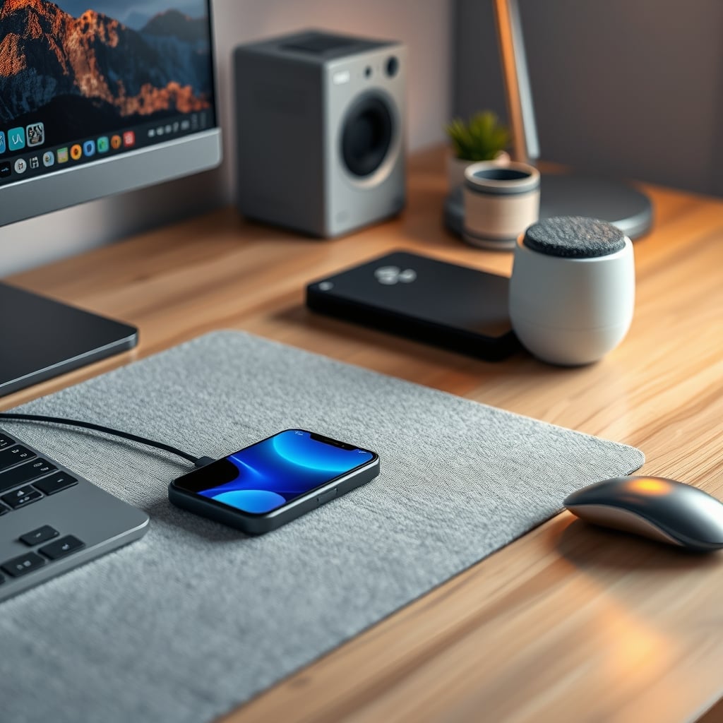 A sleek wireless charger sitting on top of a grey felt desk mat, a common but thermally bad setup.