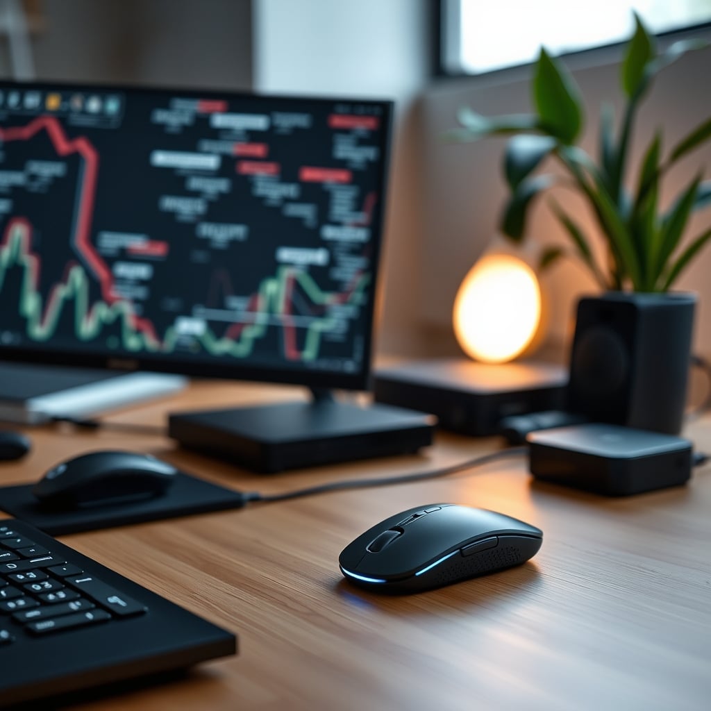 A desk with a wireless charger showing a visual representation of EM interference causing a mouse cursor to stutter on screen.