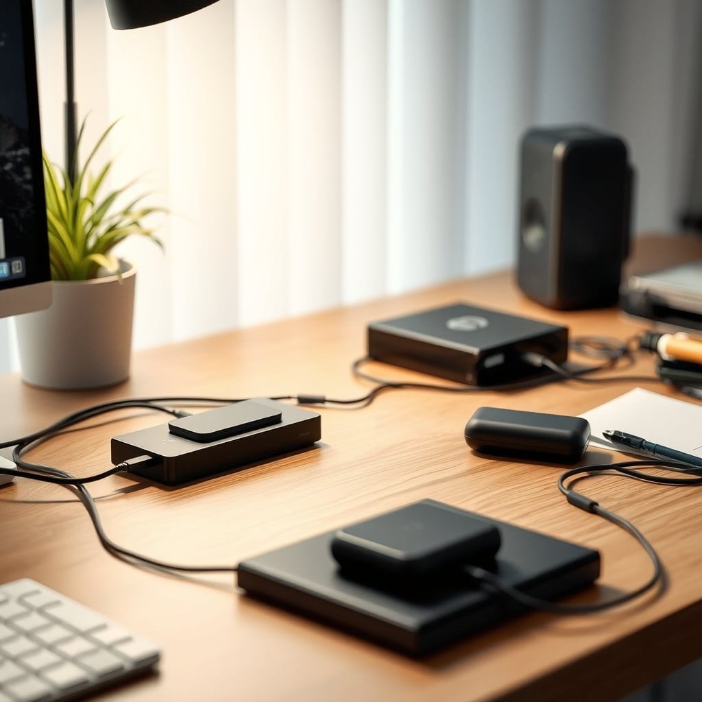 Side-by-side comparison: a clean, high-performance desk with a simple wired dock versus a cluttered desk with a wireless charger causing hidden RF chaos.
