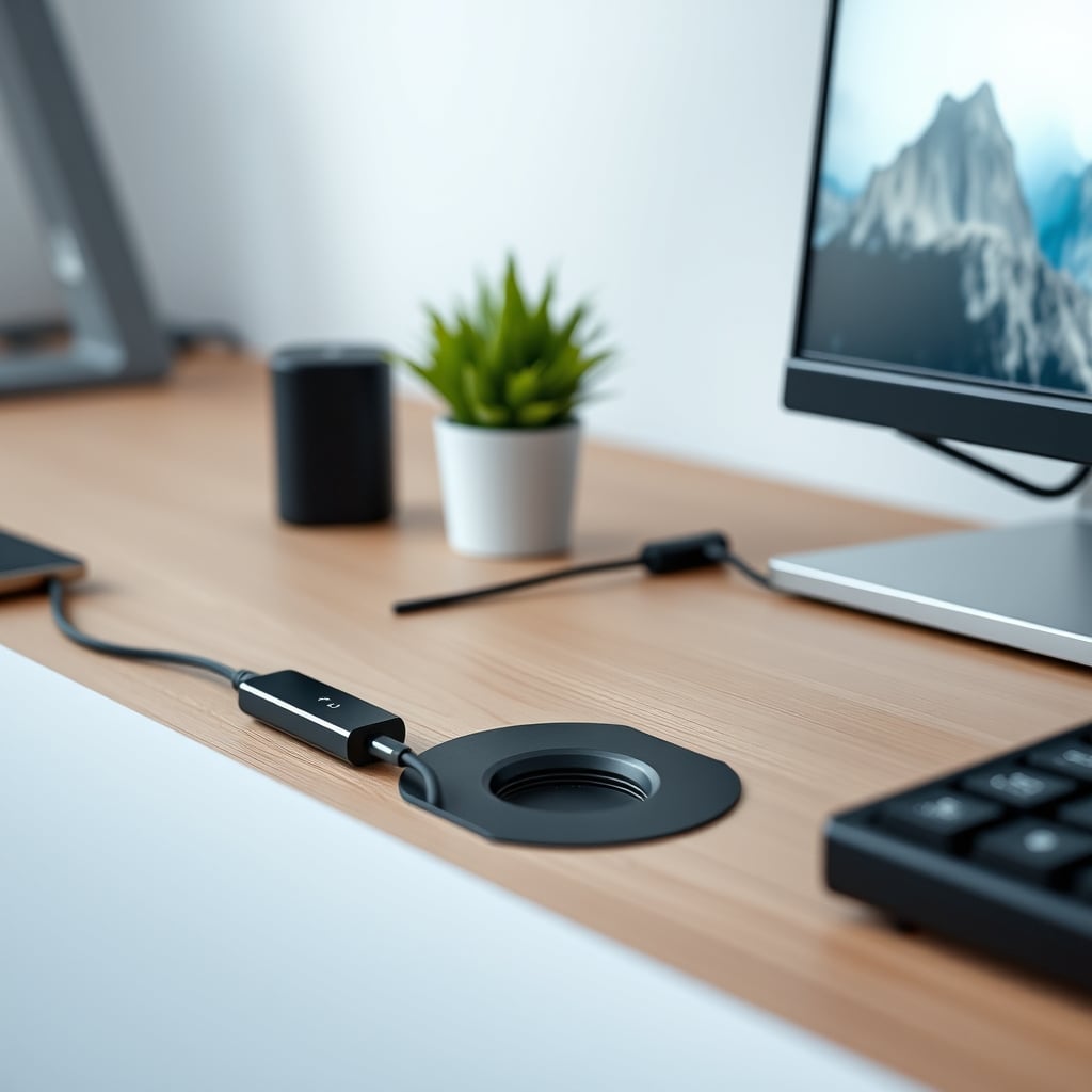 A clean desk with a single USB-C cable neatly routed, no wireless charger in sight