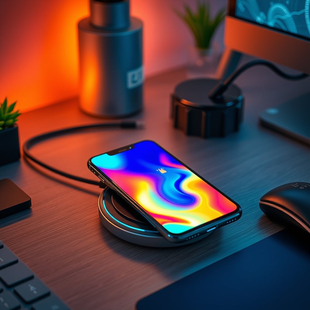 Thermal camera image showing a smartphone on a wireless charger with extreme heat buildup