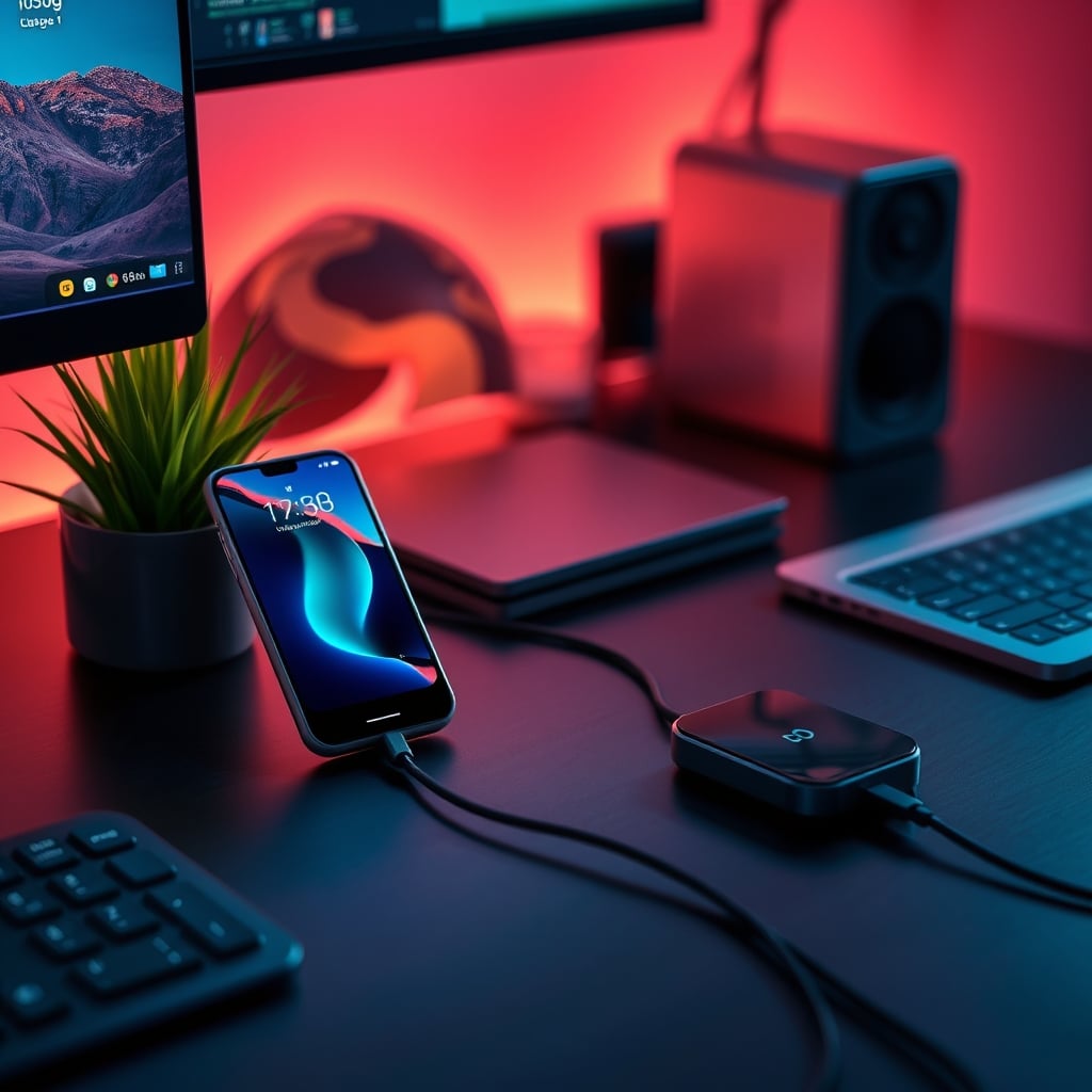 Clean desk setup using magnetic charging cable instead of wireless pad