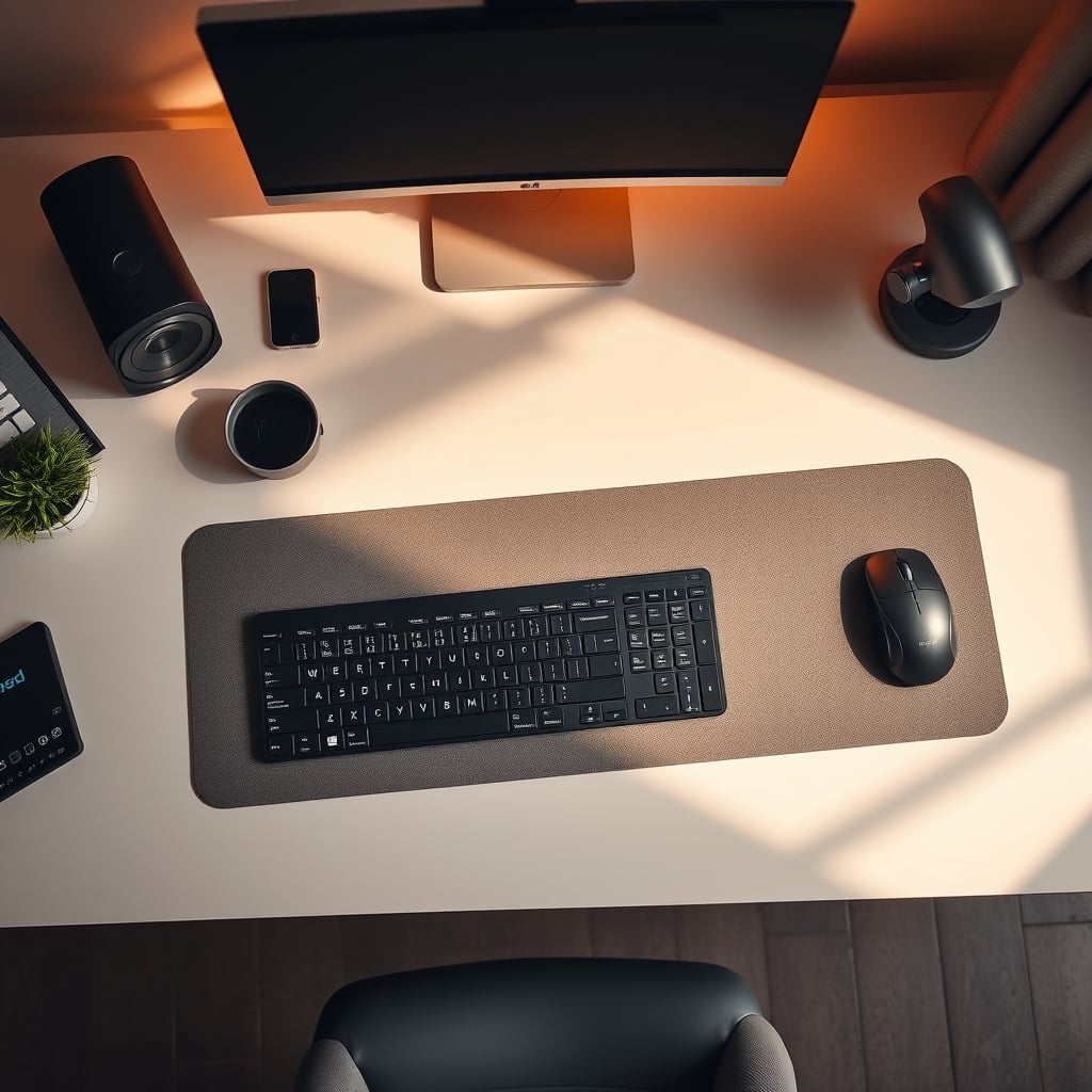 A clean desk with a large neutral gray desk pad, black keyboard and mouse, and nothing else