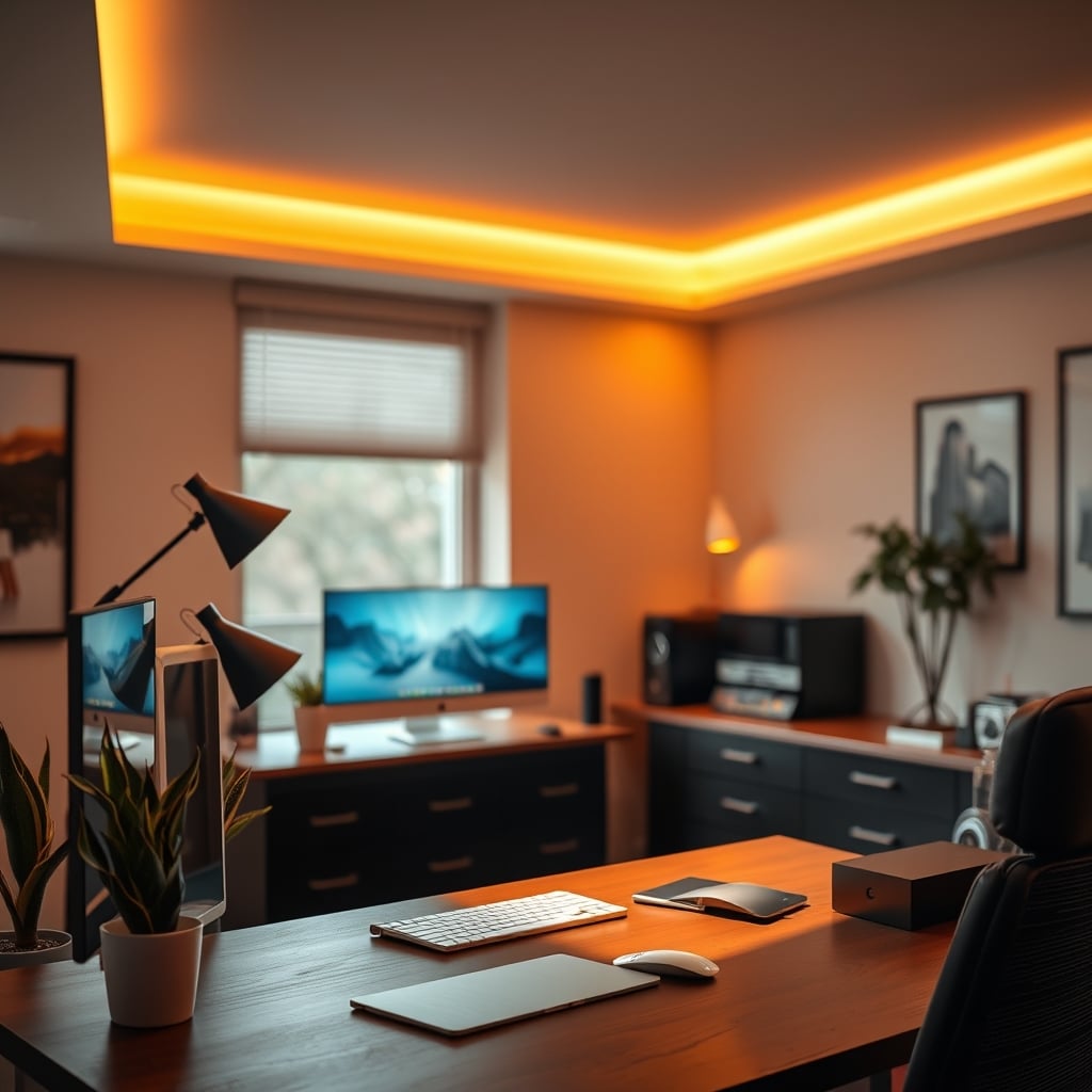 A desk with a monitor, illuminated by warm light bouncing off a white ceiling, no harsh shadows