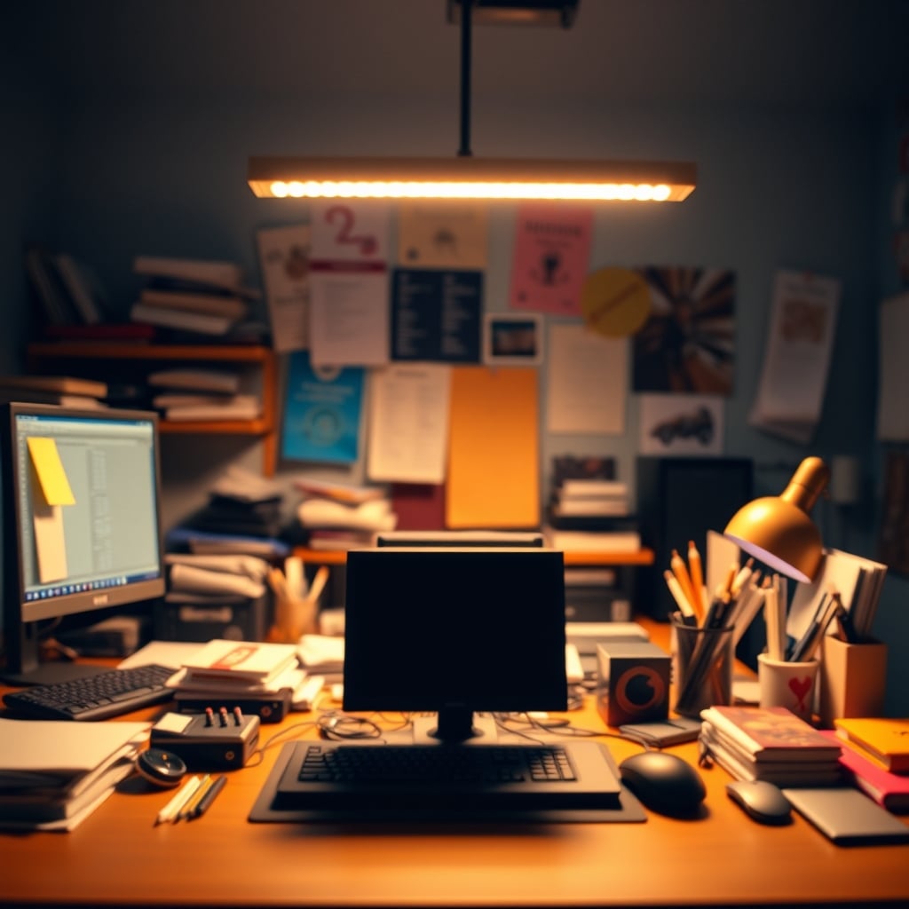 A chaotic desk with red notebooks, blue cups, green plants, and yellow cables creating visual noise