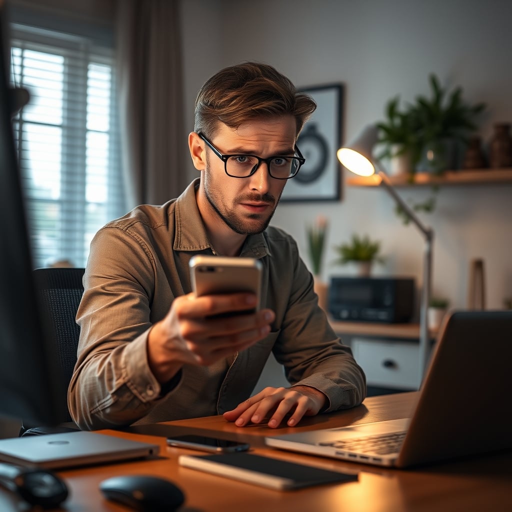 A person looking frustrated at their smartphone screen displaying a complex app for controlling smart lights.