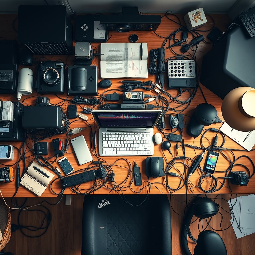 A top-down view of a desk crowded with multiple monitors, keyboards, gadgets, and tangled cables, representing visible and cognitive clutter.