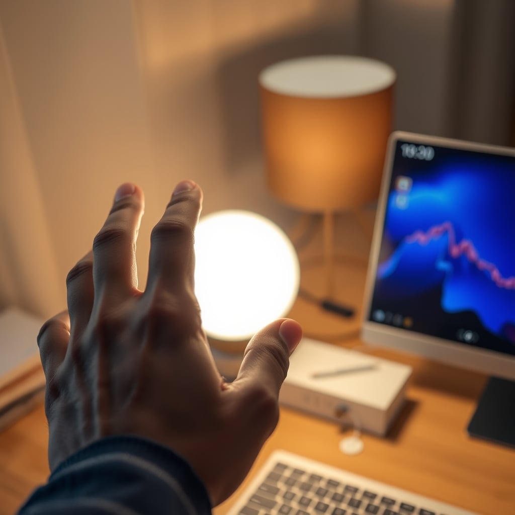 A person's finger tapping unsuccessfully on the sleek, touch-sensitive base of a modern desk lamp.