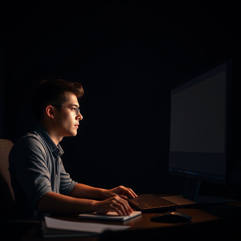 A person intensely focused on their work, illuminated by a single large monitor in a otherwise dark and simple workspace.