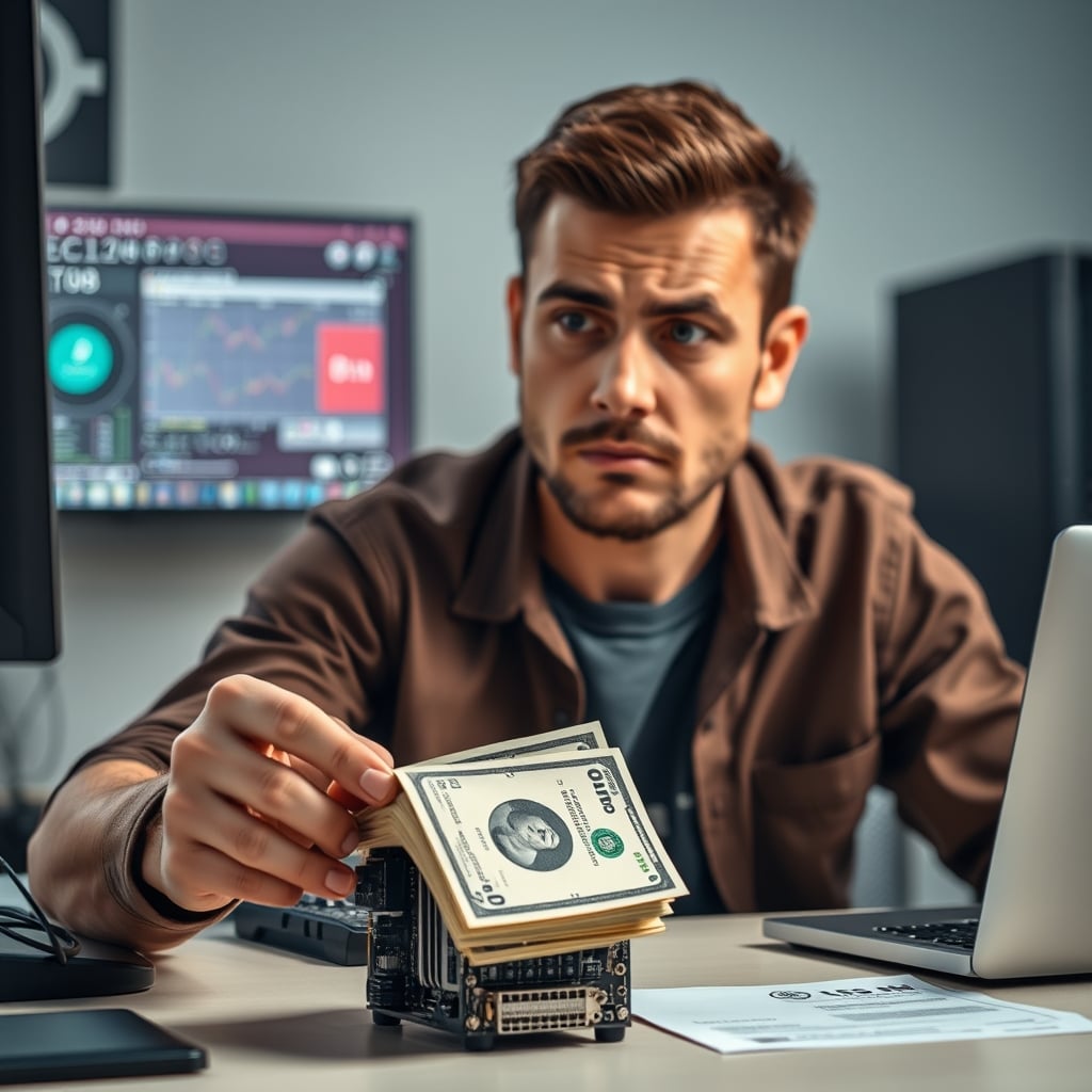 A person holding money, looking skeptically at a computer component, representing a smarter investment choice.