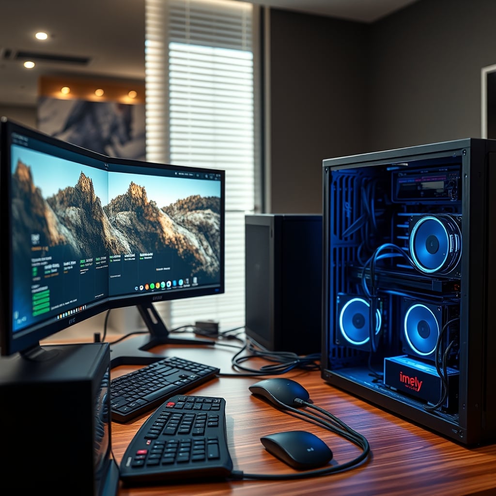 A professional editing workstation highlighting fast SSD storage arrays and 10GbE network cables, not the internal RAM.