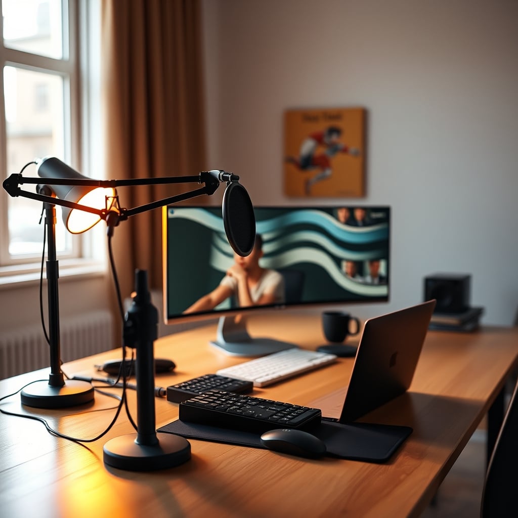 Clean, effective minimalist audio setup with treated walls and proper microphone placement