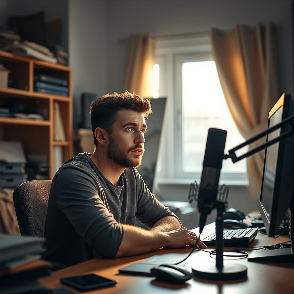 Frustrated creator with expensive mic in poor acoustic environment